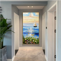 Foyer Decor Painting: Hand-Painted Seascape Oil Art, Atmospheric Modern Minimalism for Hallway Murals, Smooth Sailing Vibes