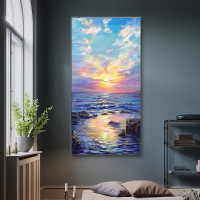 Foyer Decor Painting: Luxurious Coastal Landscape, Modern Minimalist Corridor Vertical Wall Art, Hand-painted Abstract Oil Painting.