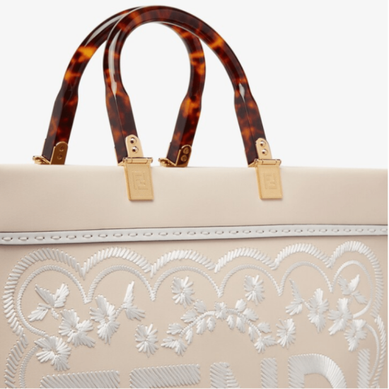 Camellia leather shopper bag with floral embroidery