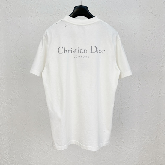 Dior 破洞做旧印花短袖T恤
