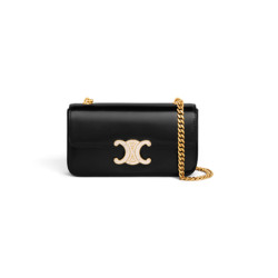CHAIN SHOULDER BAG TRIOMPHE WITH STRASS CLOSURE IN SHINY CALFSKIN BLACK