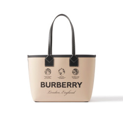 Label Print Cotton and Leather Small London Tote Bag