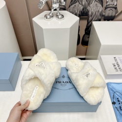 Prada's latest hot style round toe triangular buckle furry sandals for autumn and winter