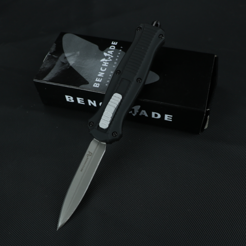 Benchmade Mini-Infidel Dagger AUTO OTF Knife 3.10" D2 Black Double Edge Blade, Black Aluminum Handles